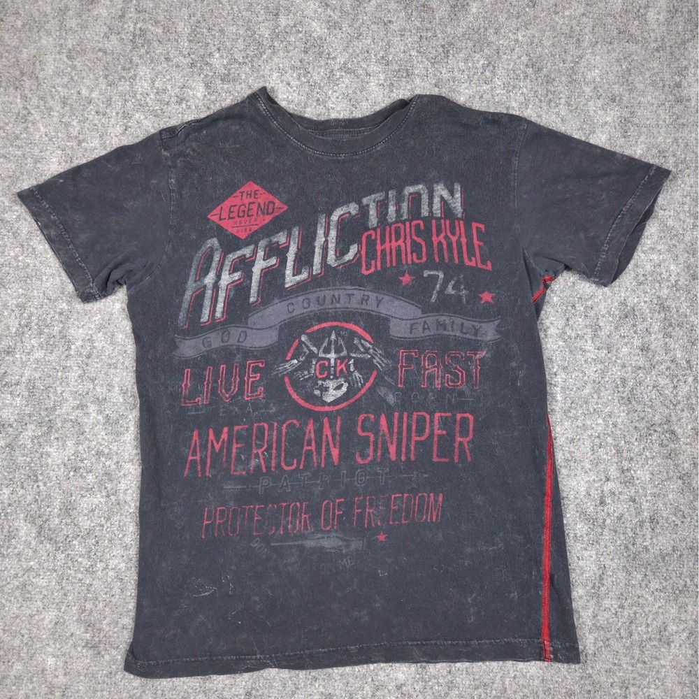 Affliction T-Shirt Mens Small Black Chris Kyle American Sniper Graphic Crew Neck